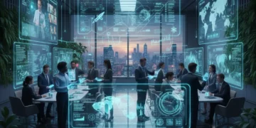 Futuristic digital collaboration in 2026 with holographic interfaces