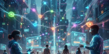 Futuristic digital community network with glowing connections and holographic interactions.