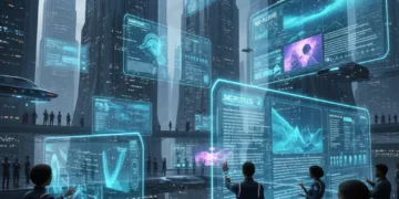 Futuristic cityscape with holographic digital content interfaces and engaging users.