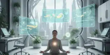 Digital Wellness 2026: Reclaim 2 Hours Daily from Screen Time Person meditating in a futuristic, calm digital office, symbolizing digital wellness and screen time control in 2026.