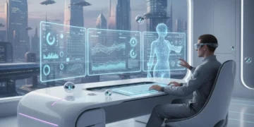 Futuristic digital workspace with advanced productivity tools and focused individual
