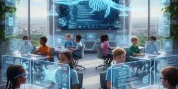 Students engaging with personalized digital learning platforms in a modern, technology-rich classroom setting.