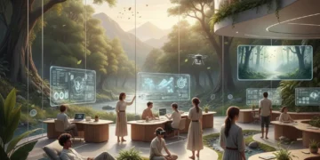 Work-Life Balance Future: 4 Emerging Trends for 2026 Futuristic office blending with nature, symbolizing harmonious work-life balance