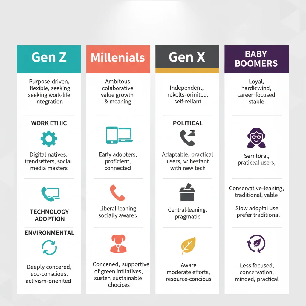 Infographic showing value differences across generations (Gen Z, Millennials, Gen X, Baby Boomers).