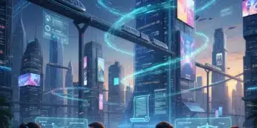 Gig Economy 2026: Worker Rights & Community Stability Debates Futuristic cityscape with digital elements representing gig economy workers and policy challenges.