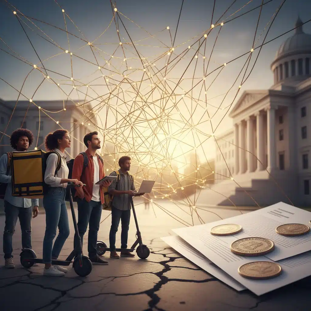 Gig workers looking towards a strong social safety net, symbolizing access to benefits and protections.
