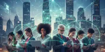 Global citizens engaging with digital devices, connected by a network, symbolizing modern civic participation.