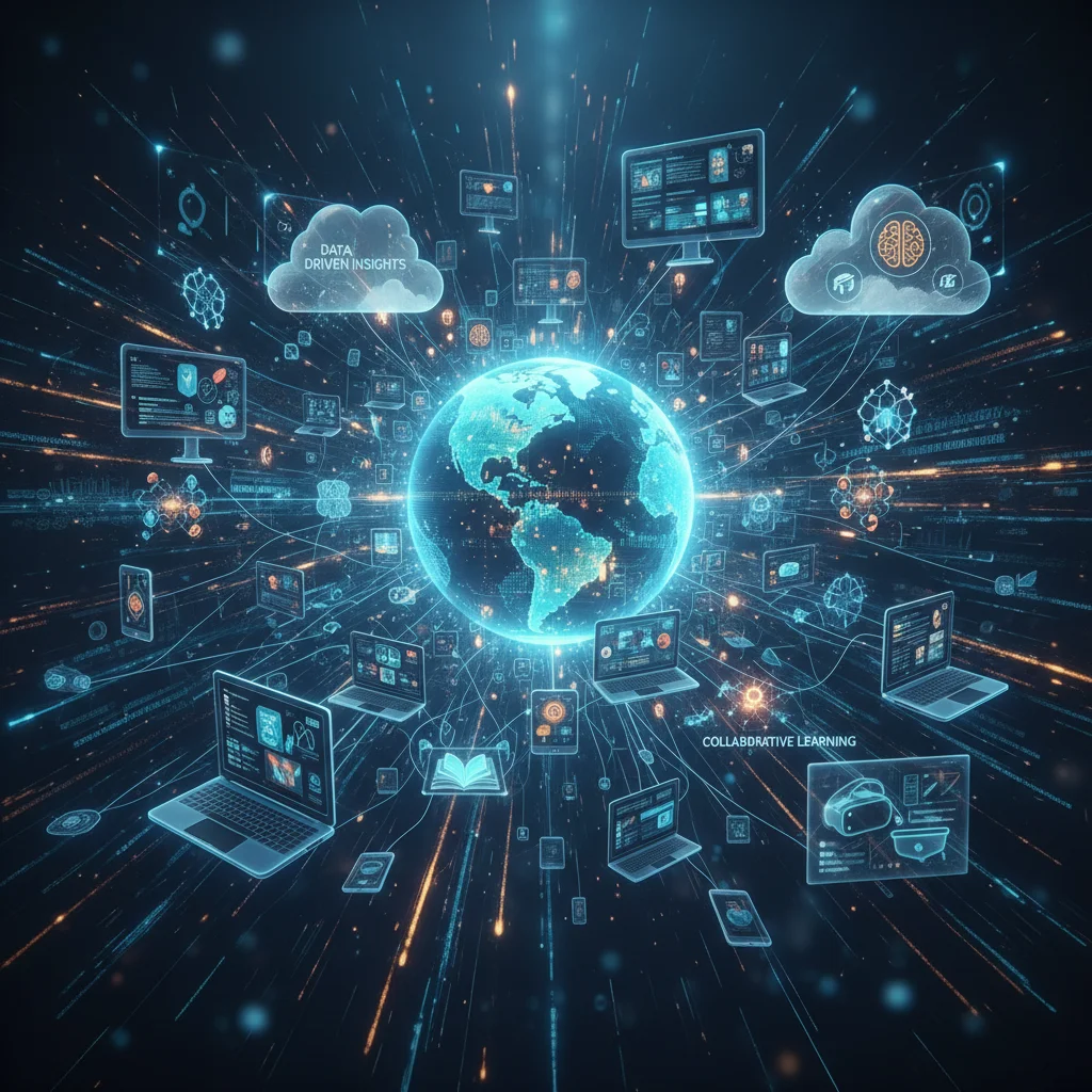 Interconnected digital learning ecosystem showcasing global reach and data integration.