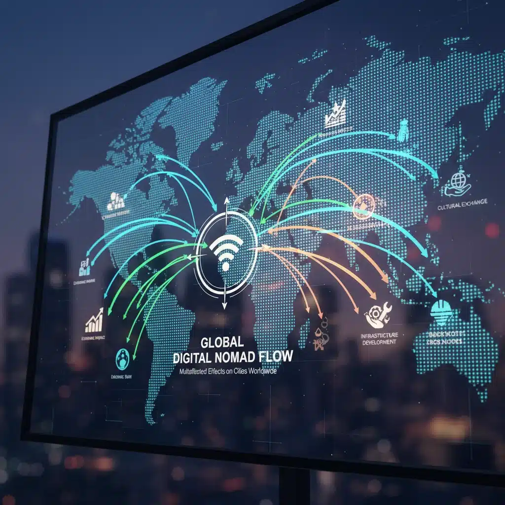 Infographic illustrating global digital nomad movement and its economic and cultural impacts on cities.
