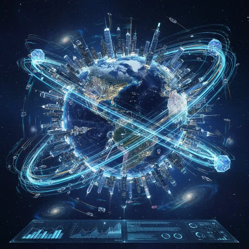 Global interconnected cities with data streams, symbolizing the future economy.