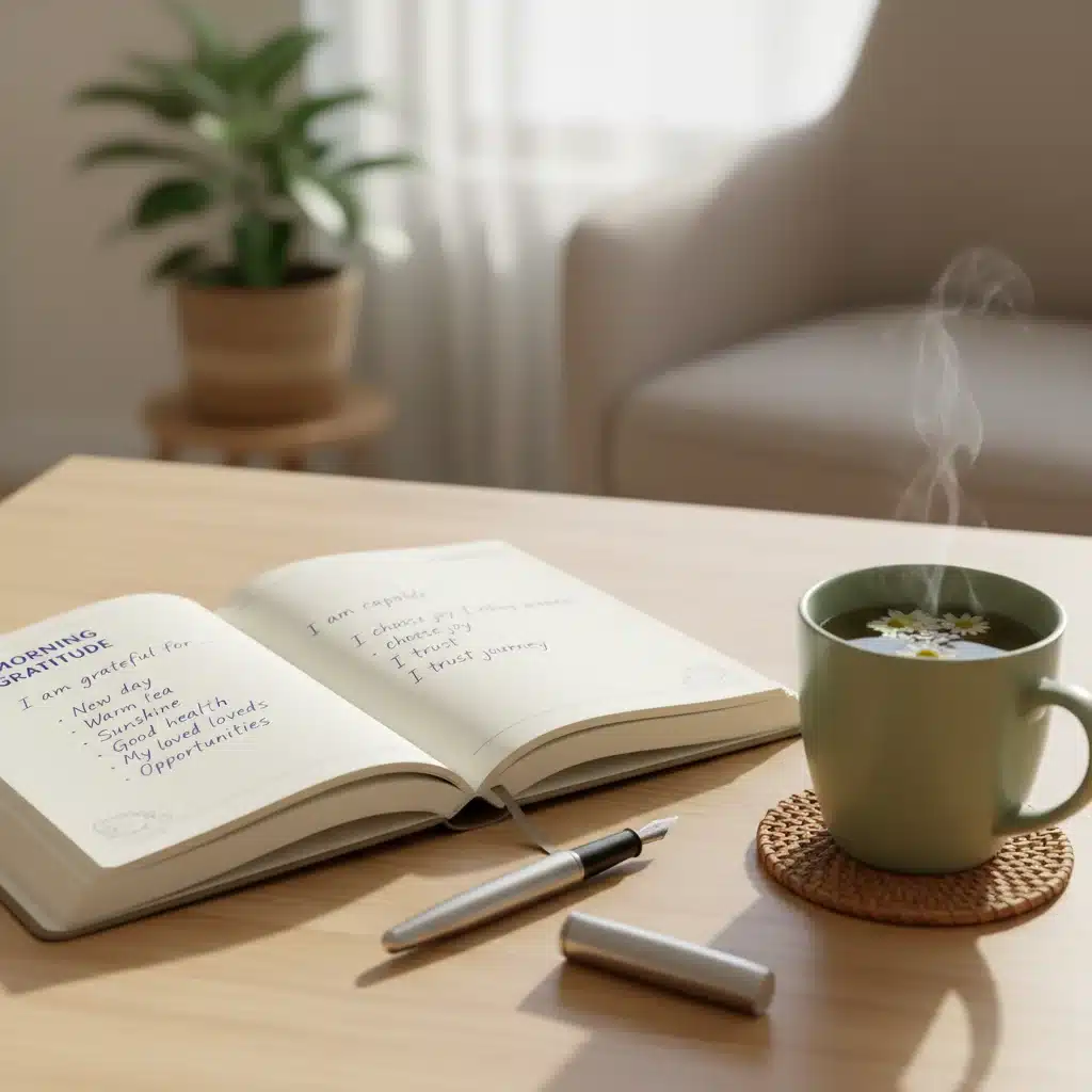 Open journal with gratitude notes and a pen, next to a cup of tea, on a wooden table.