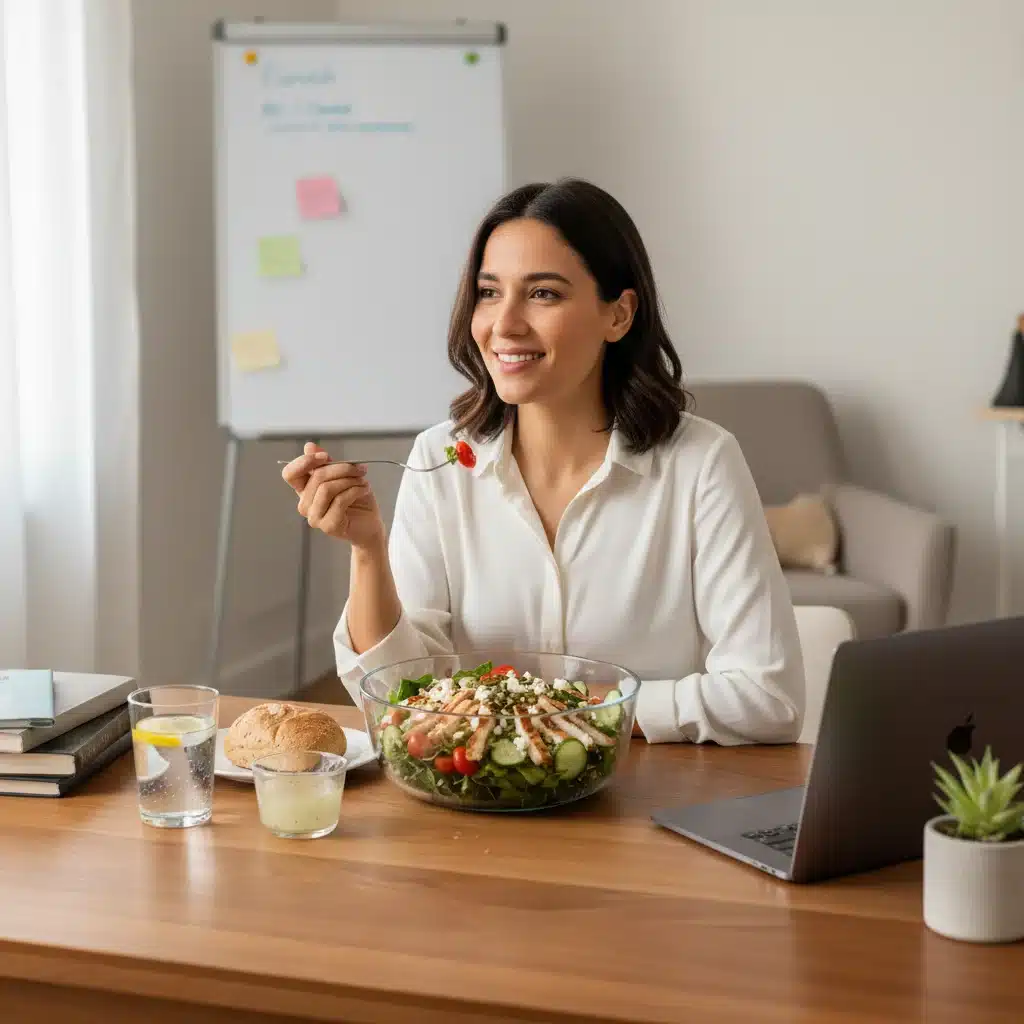 Professional enjoying a healthy, balanced meal at their desk