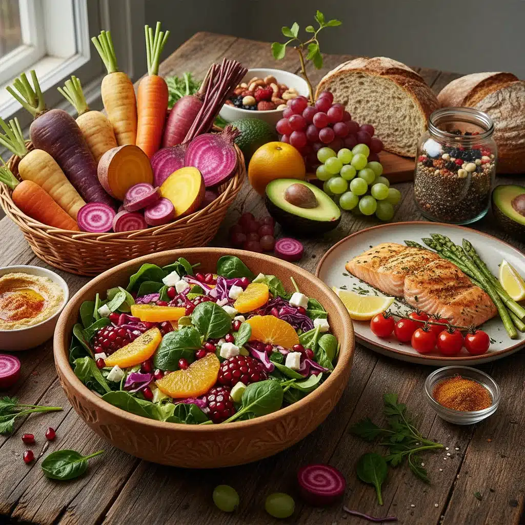 Vibrant and healthy food choices arranged on a table, promoting conscious eating.