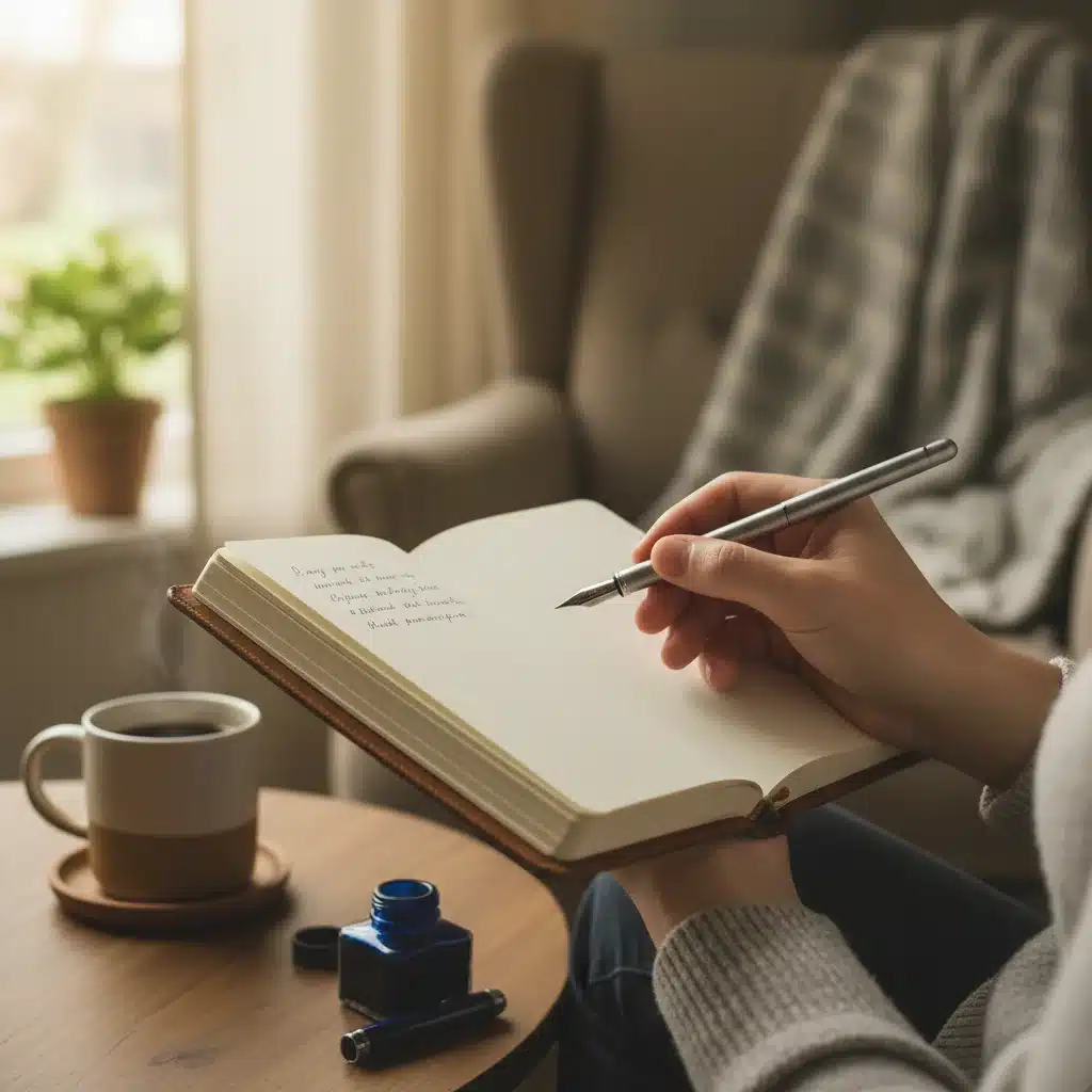 Hands holding a journal and pen, ready to write, symbolizing the start of a journaling session for self-awareness.