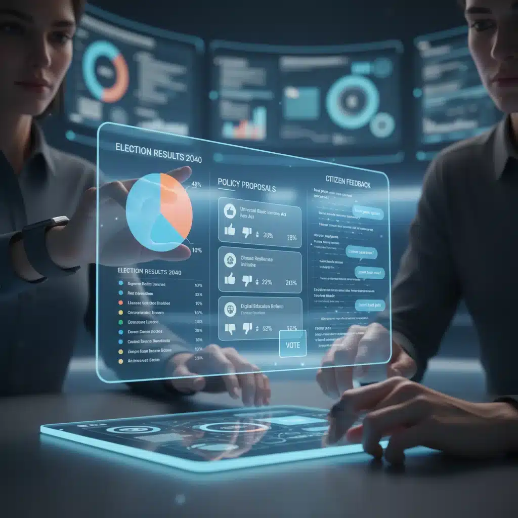 Hands interacting with a holographic display showing real-time digital democratic processes and citizen feedback.
