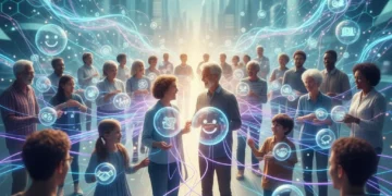 Diverse individuals connecting through glowing digital lines, symbolizing human connection in the digital age.