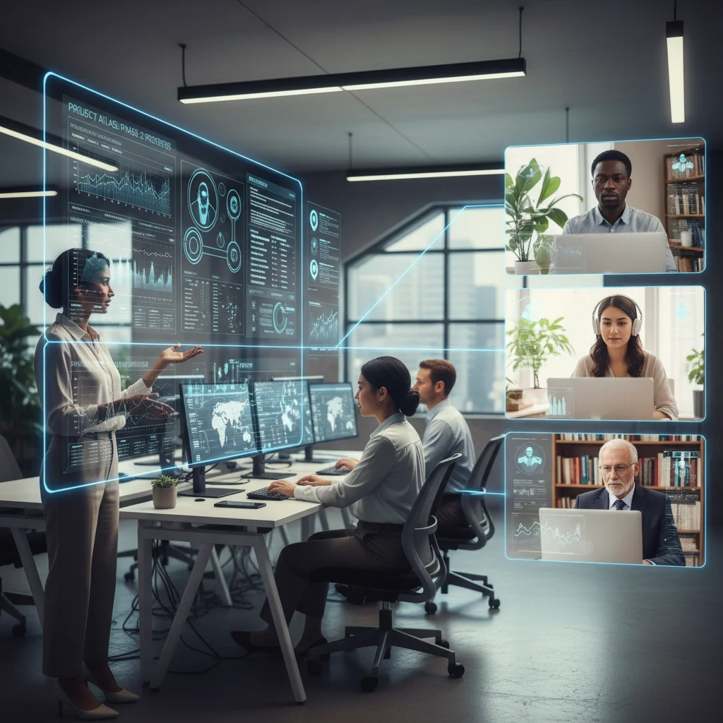 Hybrid team collaborating with AI-powered platform