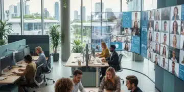 Diverse professionals collaborating in a modern hybrid office, symbolizing future work dynamics.