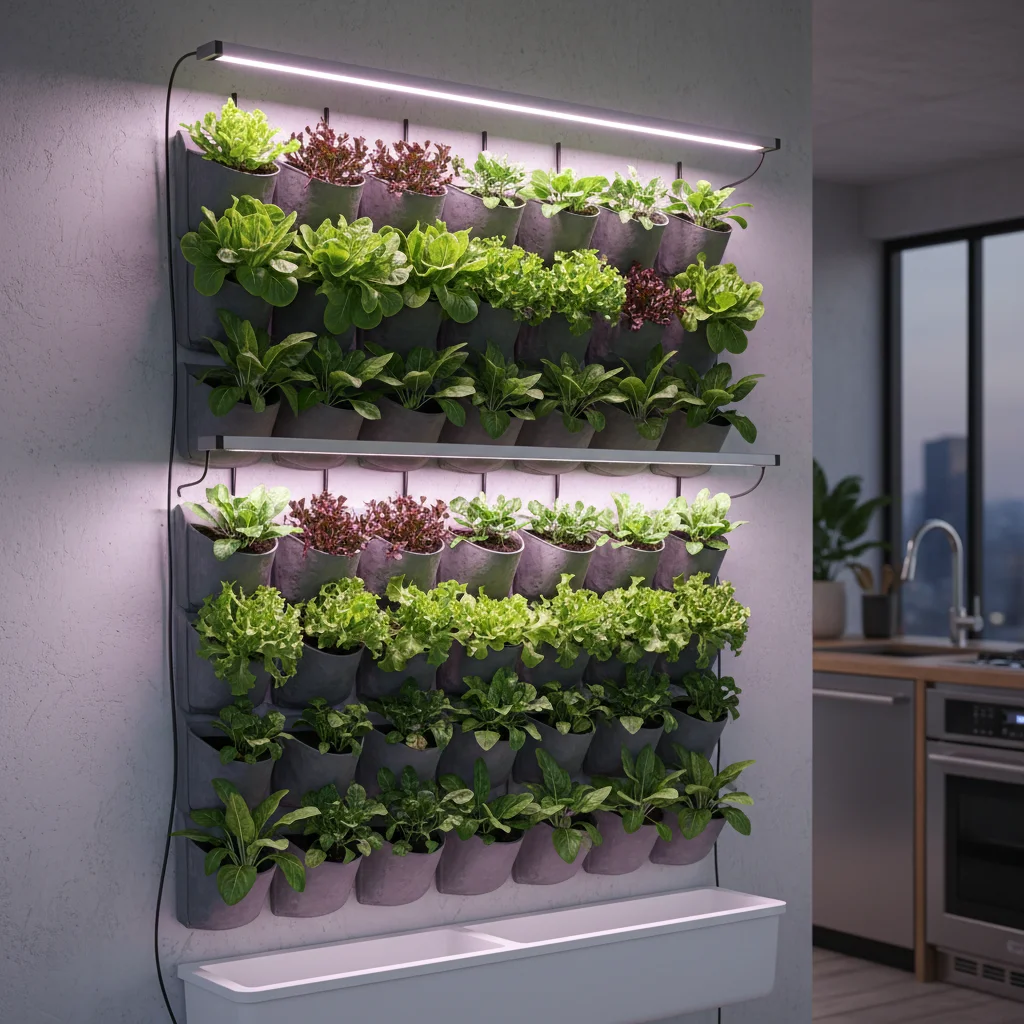 Indoor vertical garden with leafy greens under LED lights in an urban apartment