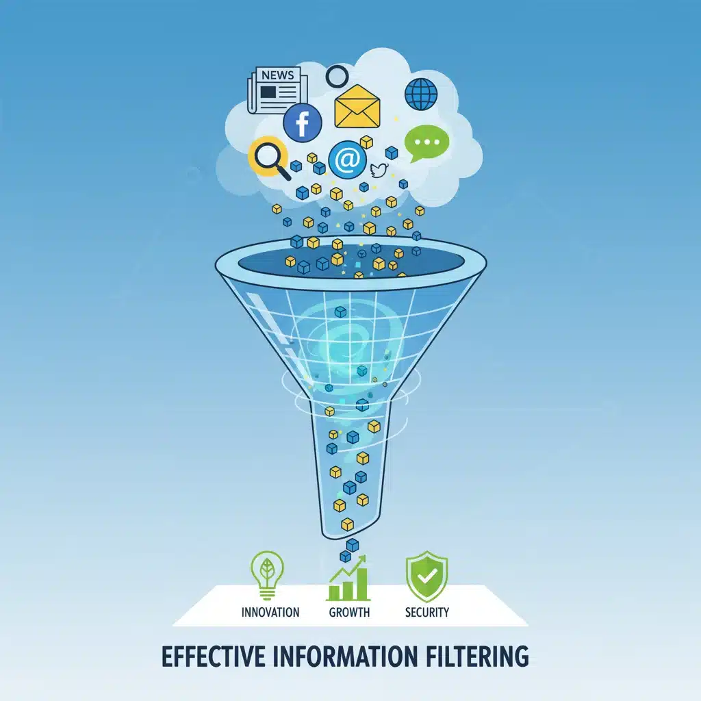 Infographic depicting an information filtering funnel, separating noise from valuable insights.