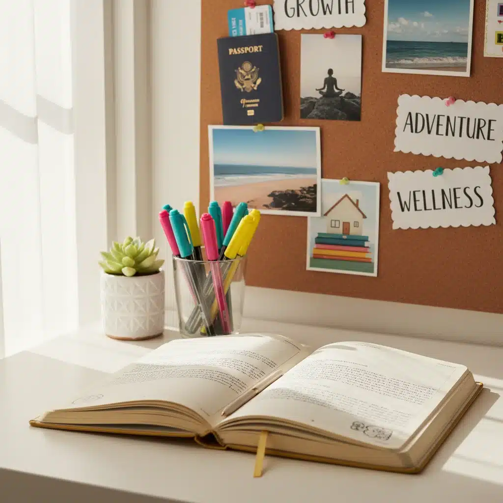 Organized desk with journal, pens, plant, and vision board, illustrating intentional living and personal growth through journaling.