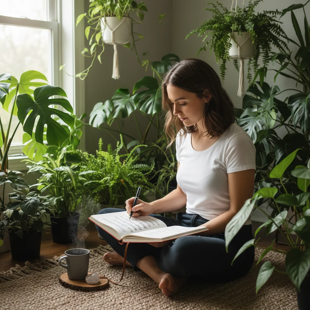 Person writing daily affirmations in a journal, fostering reflection and consistent practice.