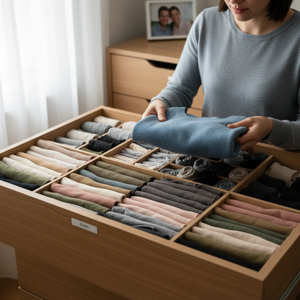 Person applying KonMari method to clothes, sorting and decluttering
