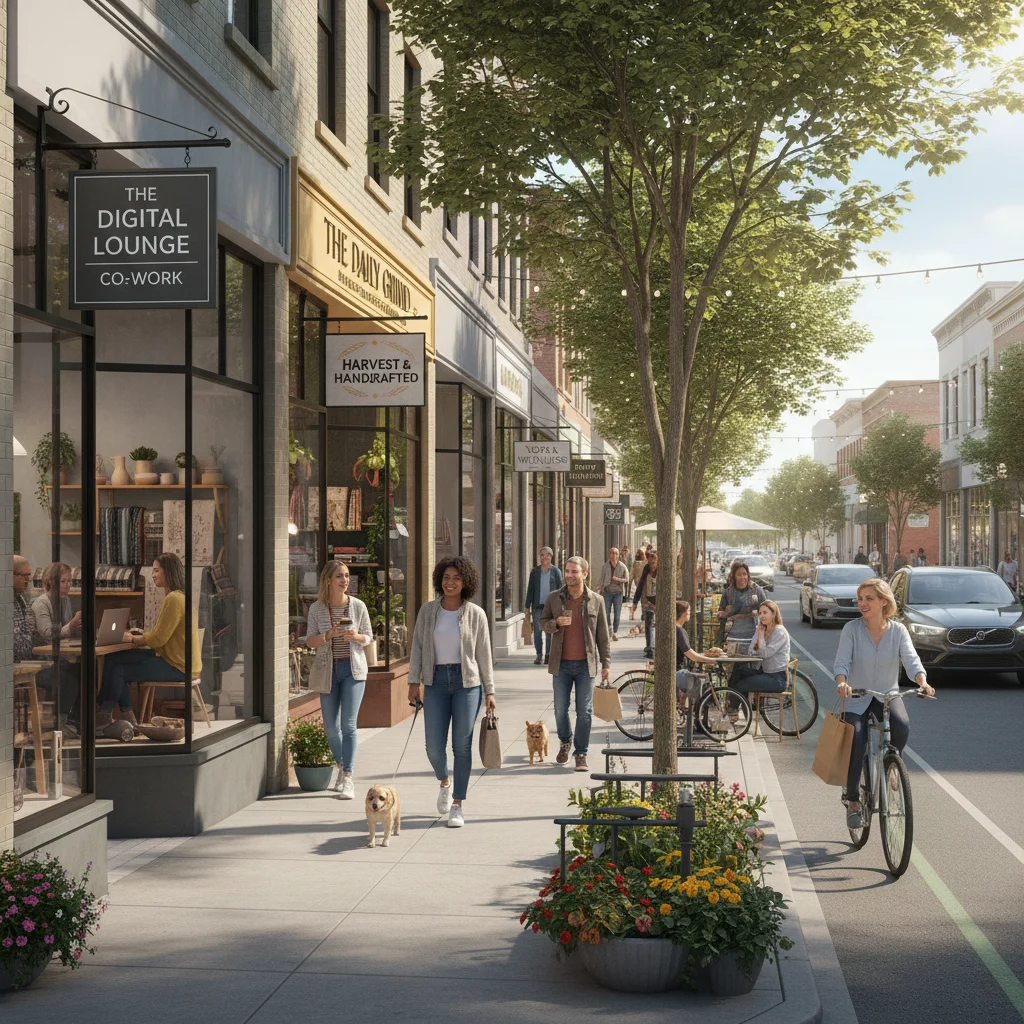 Revitalized small town main street with new businesses, reflecting economic growth from remote workers.