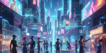 Futuristic metaverse cityscape with interacting avatars and holographic displays, representing digital experiences.