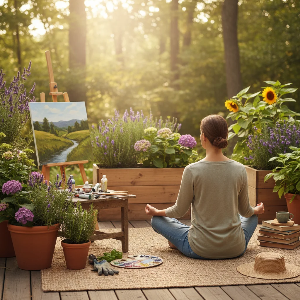 Person meditating or pursuing a hobby during digital detox