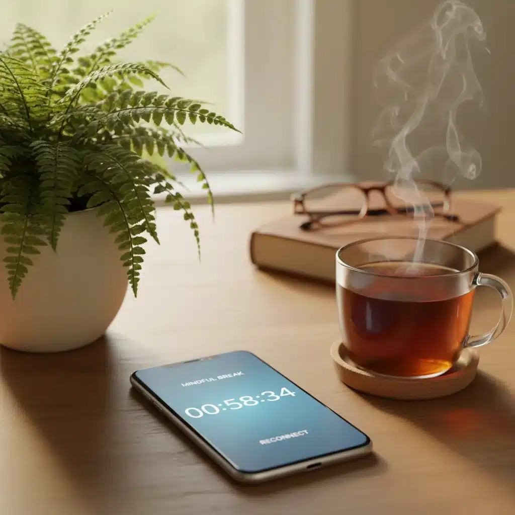 Smartphone with timer for screen break, surrounded by plants and tea, representing intentional digital detox.
