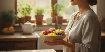 Person mindfully enjoying fresh fruit, representing a healthy relationship with food in 2026.