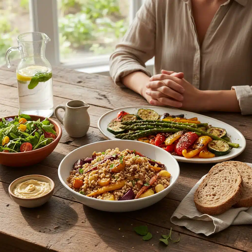 Consciously prepared, healthy meal on a rustic table, promoting mindful eating.