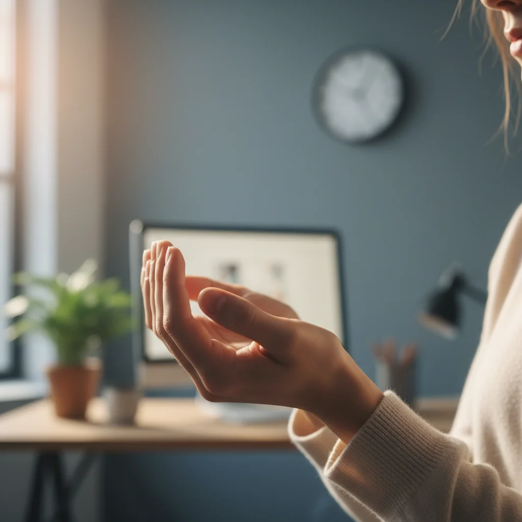 Person taking a mindful breath in the workplace, demonstrating a brief pause for focus.