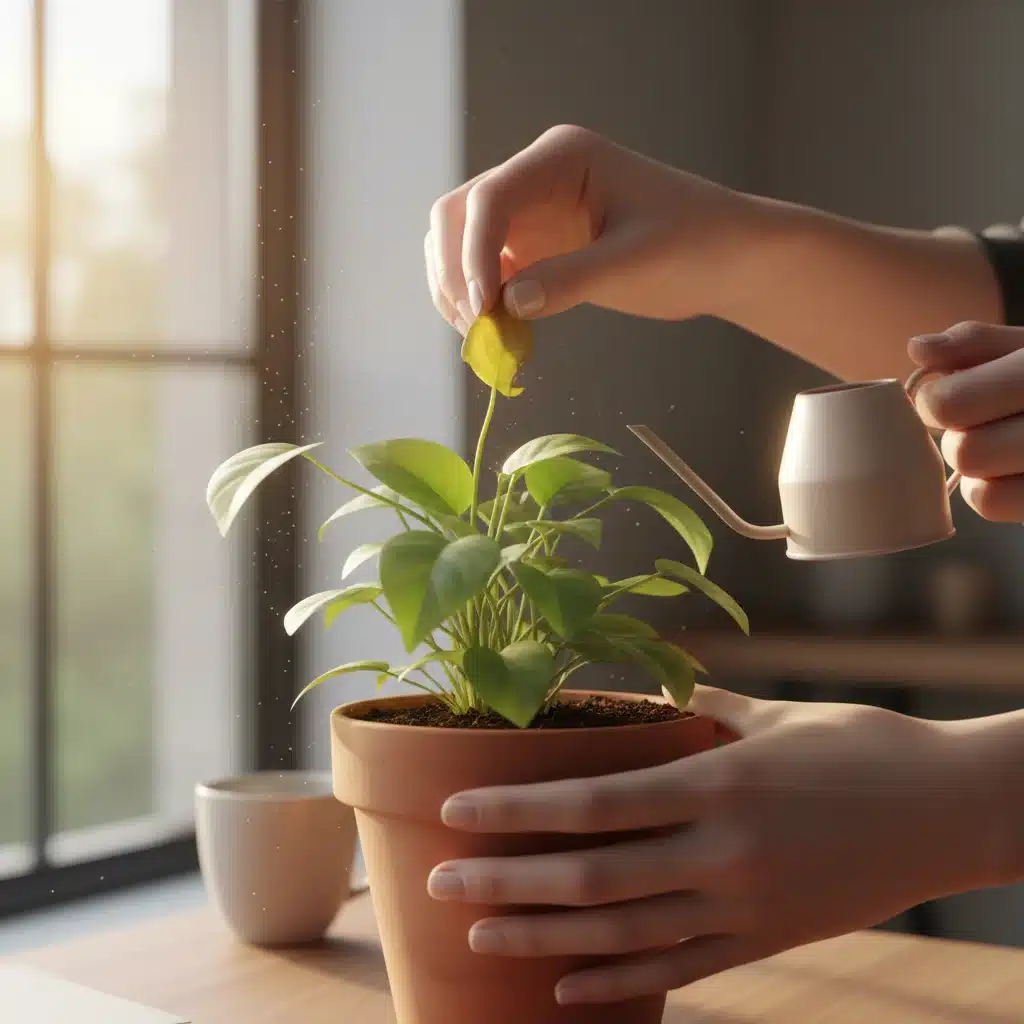 Hands tending to an indoor plant, symbolizing mindful care and connection.