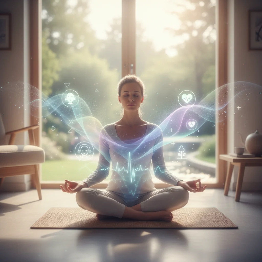 Individual meditating with subtle digital projections, illustrating mindful tech use.