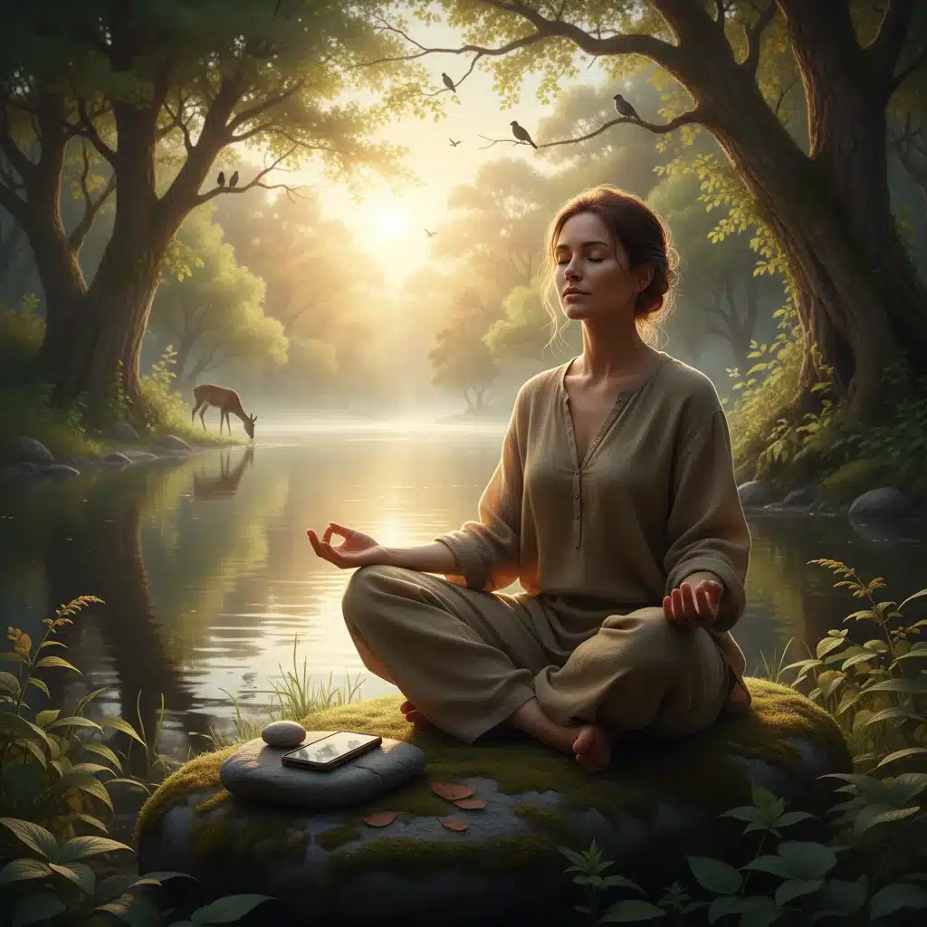 Mindful person in nature with phone set aside