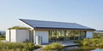 Modern eco-friendly home with solar panels and green garden