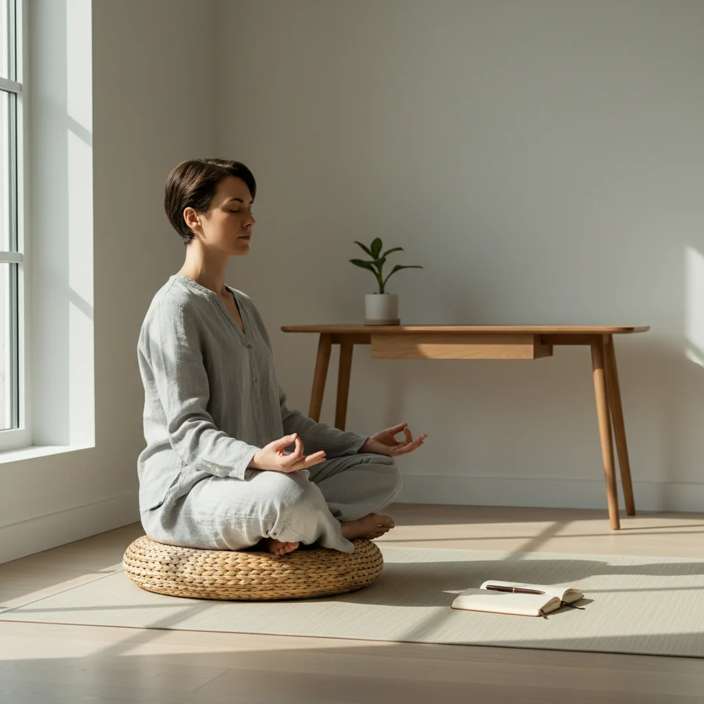 Person meditating in morning light, calm focus, mindful start
