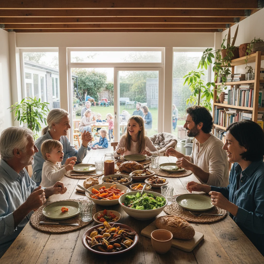 Multi-generational family enjoying a shared meal, symbolizing community and support.