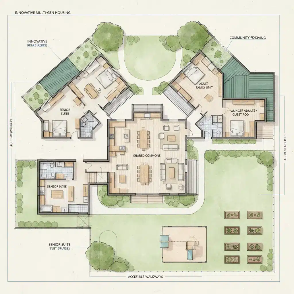 Architectural design for a modern multigenerational home with separate entrances