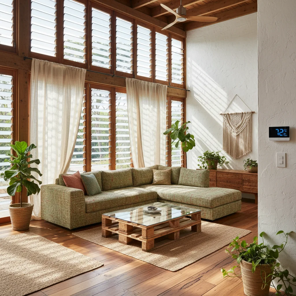 Bright living room with natural light and sustainable materials
