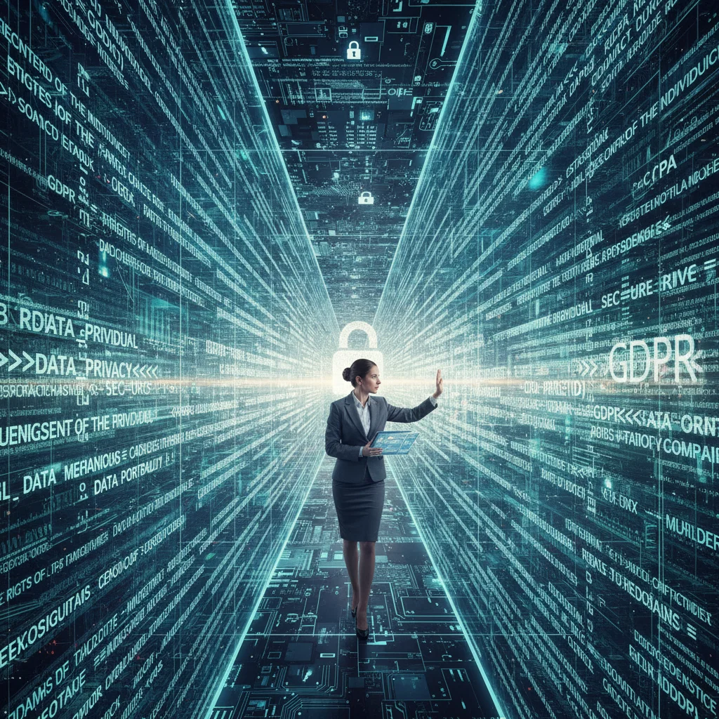 Individual navigating complex data privacy regulations maze