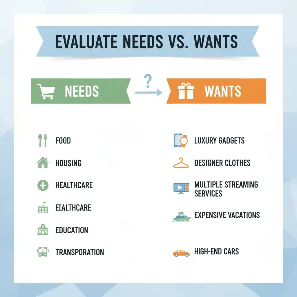Infographic differentiating essential needs from non-essential wants.