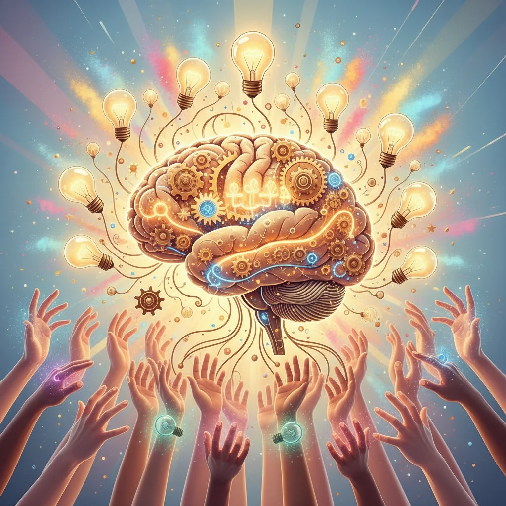 Illustration of a dynamic brain with gears and lightbulbs, symbolizing neuroplasticity and learning.