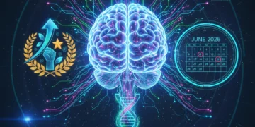 Brain with glowing neural pathways connecting to symbols of achievement and a calendar, representing neuroscience-backed habits for future potential.