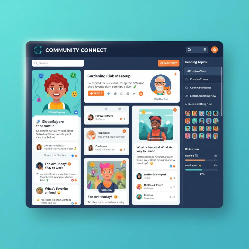 Vibrant online community forum with diverse profiles and active engagement, showcasing community building.