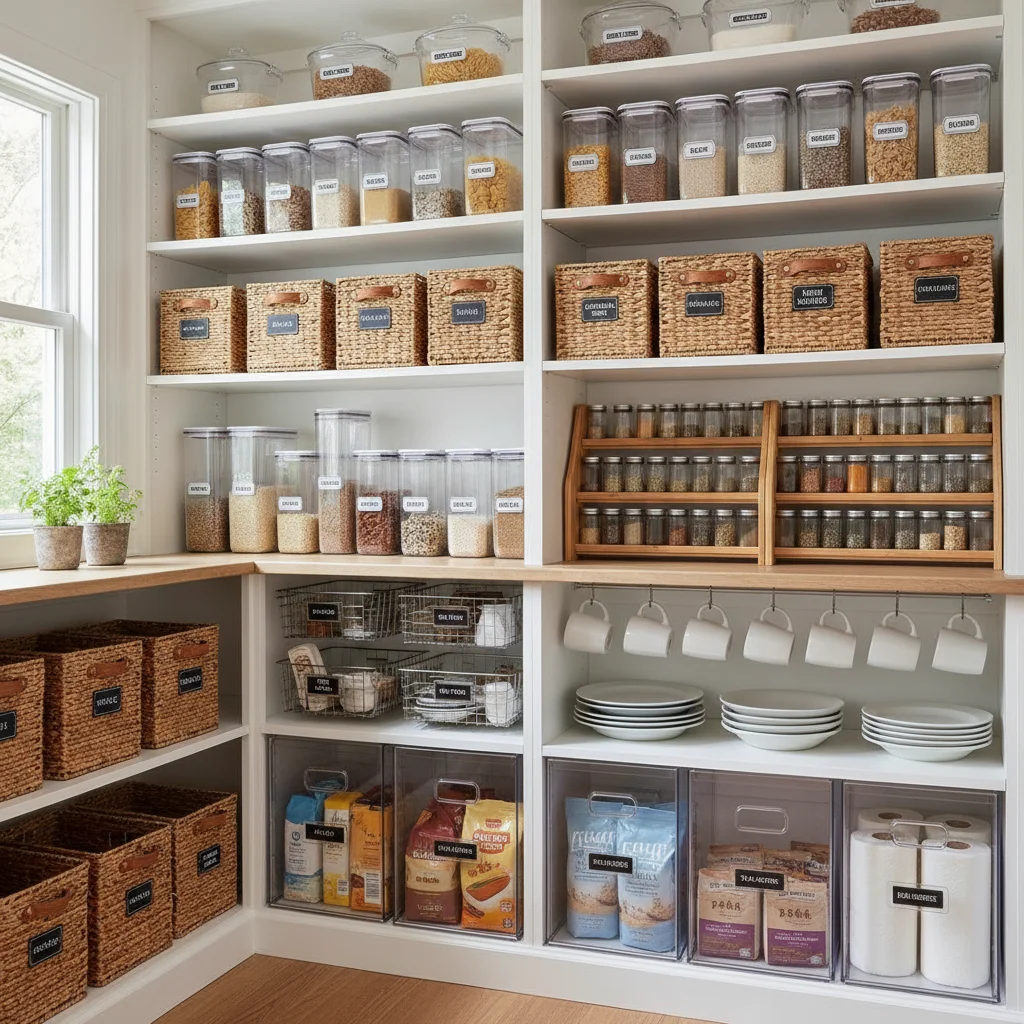 Efficiently organized kitchen pantry with labeled containers