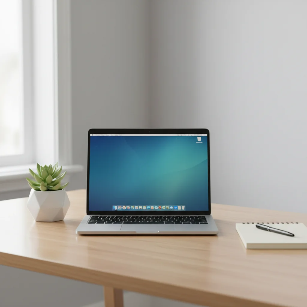 Organized minimalist home office desk with laptop and plant