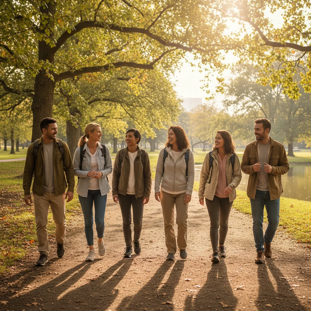 Group enjoying an outdoor activity, phones put away, representing digital detox and real-world connection.